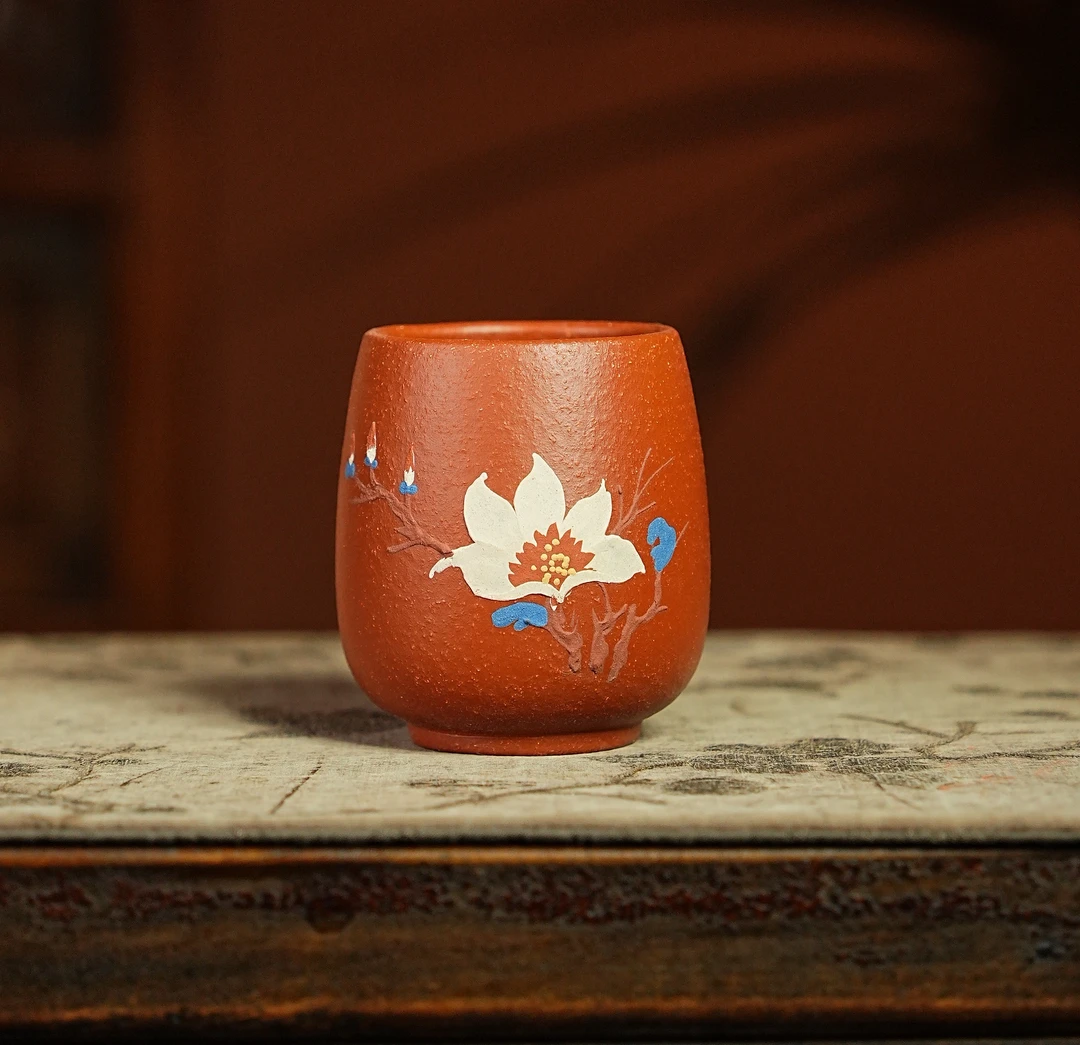 513宜兴原矿降坡泥紫砂杯茶杯纯手工手绘玉兰花品茗杯主人杯茶具