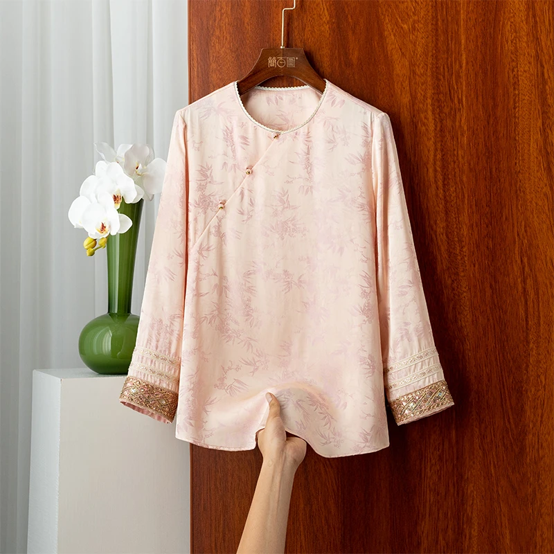 2025新中式渐变丁达尔风新中式复古粉色圆领民国风提花套头衫