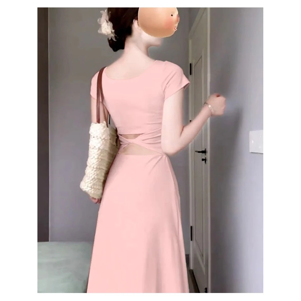 粉色连衣裙女夏季高级感2025新款修身露腰裙子法式长裙小个子夏天