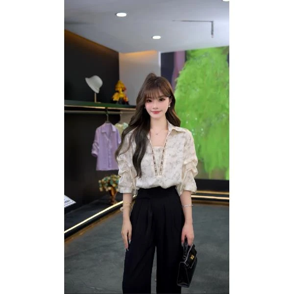 XG829-夏新款简约优雅宽松袋衬衫显瘦遮肉款洋气南油高定穿搭