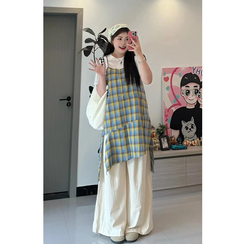 大码微胖彩色格纹吊带裙白色T恤长裤夏季三件套5829