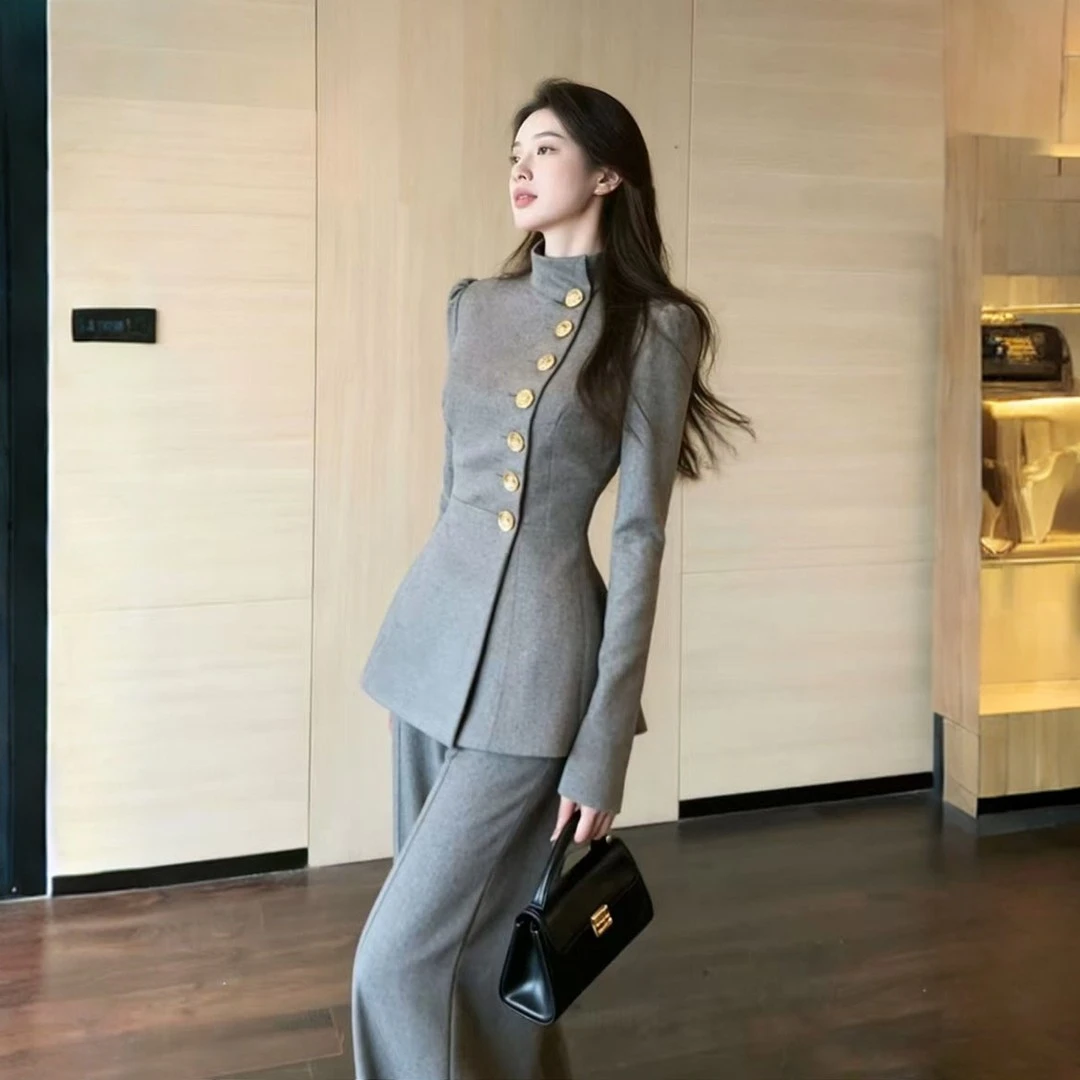 法式英伦风高级感套装女2026秋冬新款上档次灰色外套阔腿裤两件套