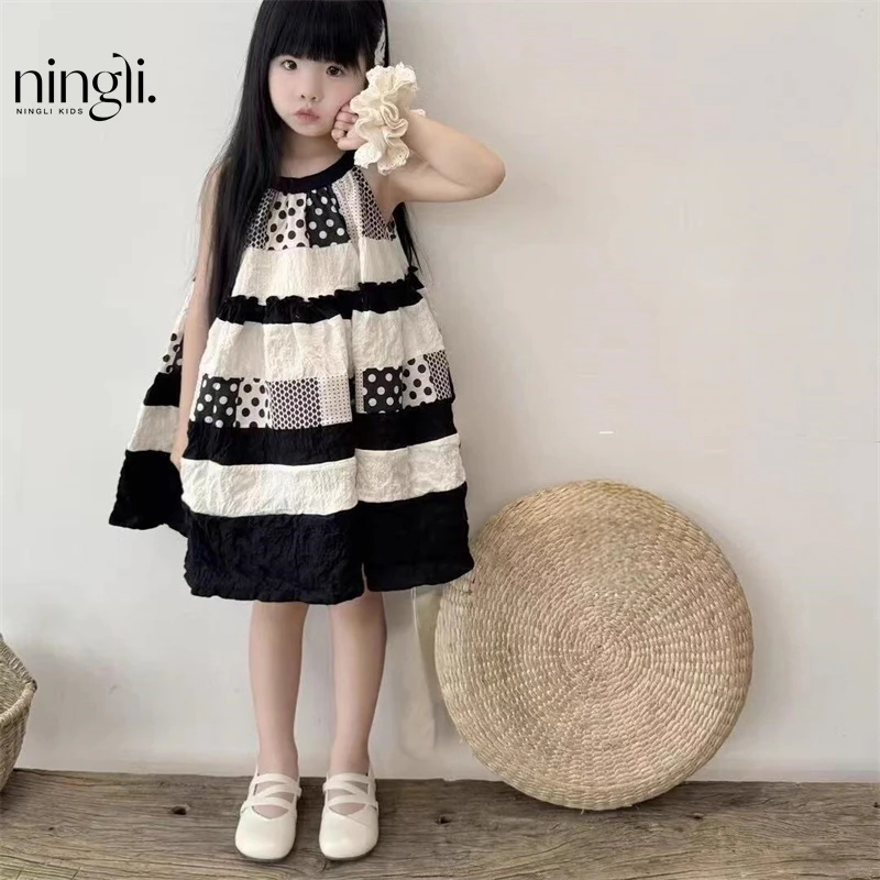 【蘑菇房】超好版型！夏季女宝宝森系时髦拼接圆点挂脖背心公主裙