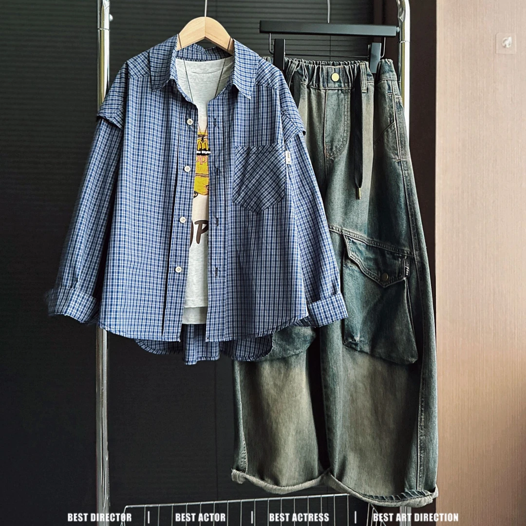 5C033中大童春秋时尚格子长袖男童衬衫春季薄款洋气休闲儿童衬衣