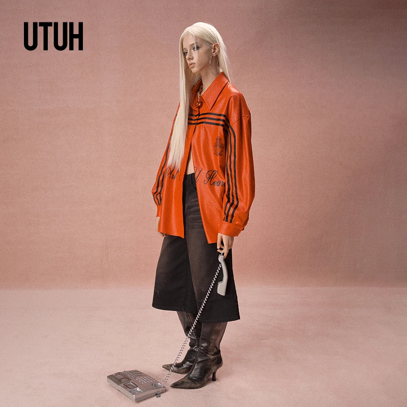 【春上新】UTUH 红色横条纹装饰个性高级质感衬衫女 TUWWS1C007