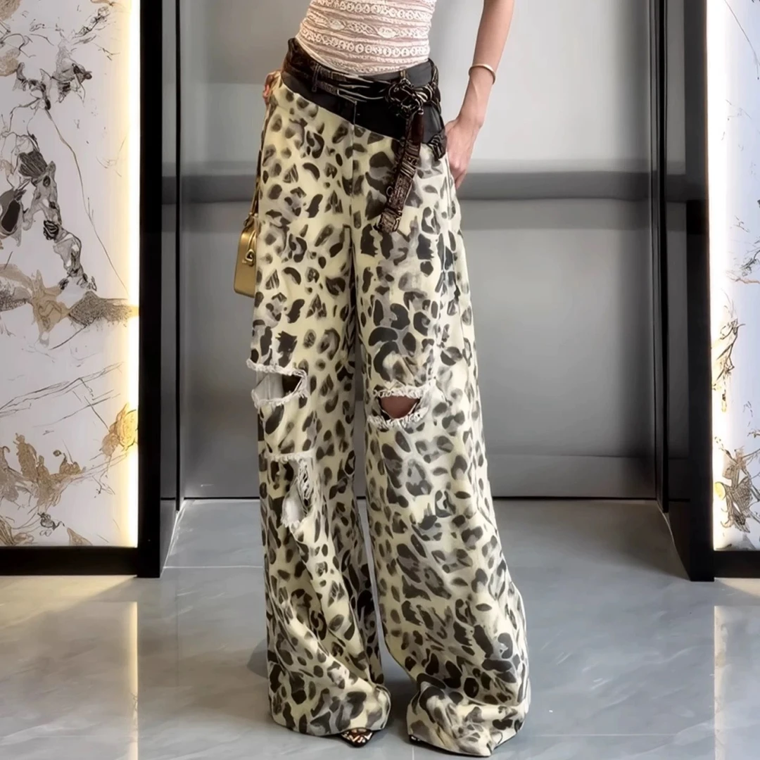 设计感豹纹拼接双腰头破洞牛仔裤女2025夏季新款美式辣妹拖地裤子