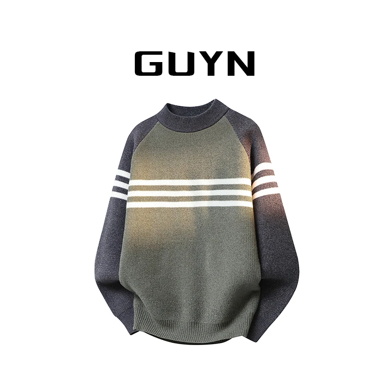 【品牌正品现货】GUYN秋冬休闲撞色复古毛衣男拼色半高领打底针织衫