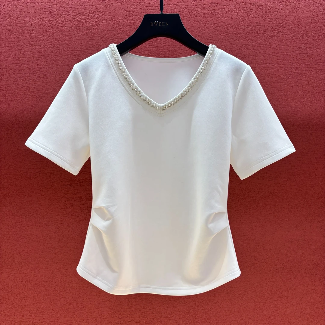【重工串珠领】25年夏季立体裁剪收腰线时尚V领半袖显瘦短袖T恤