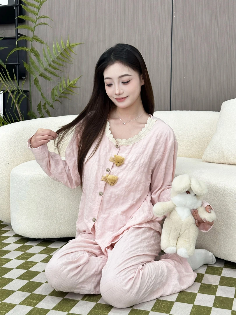 印像家带胸垫睡衣女秋季新款云朵棉长袖甜美卡通猫可外穿家居服