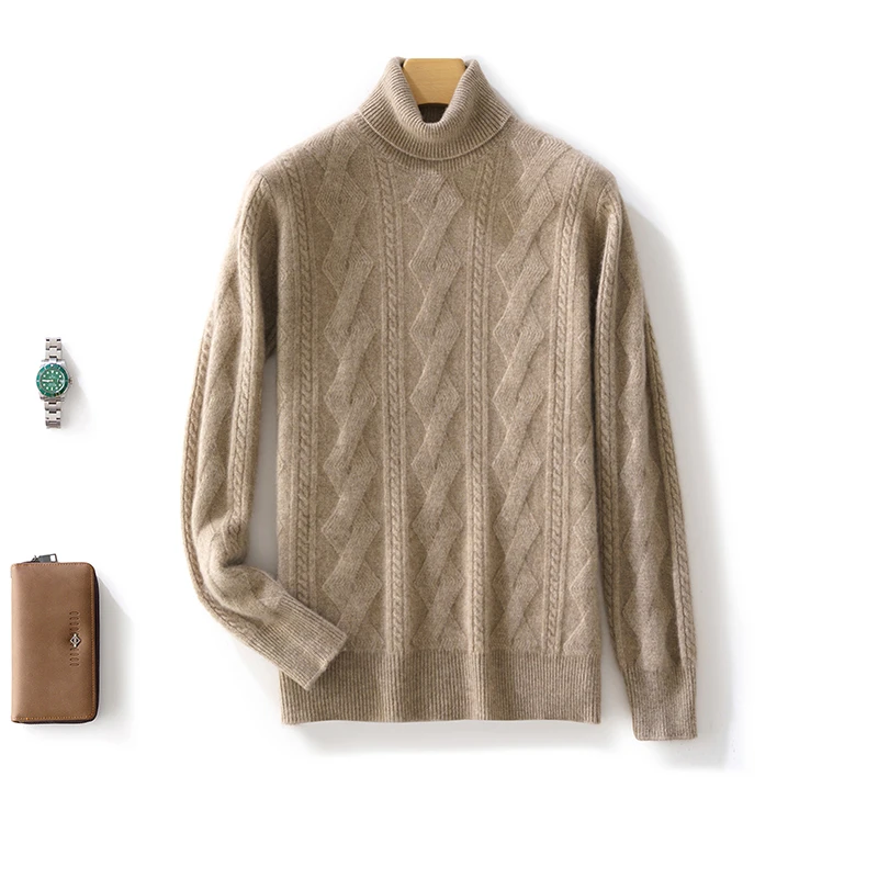 高端~商务男士大麻花纯色高翻领秋冬羊毛衫时尚套头保暖针织衫