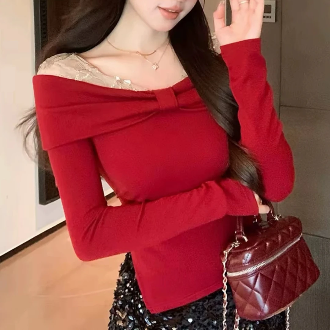 【圣诞派对】冬季新款蕾丝拼接V领长袖打底内搭上衣秋冬打底衫