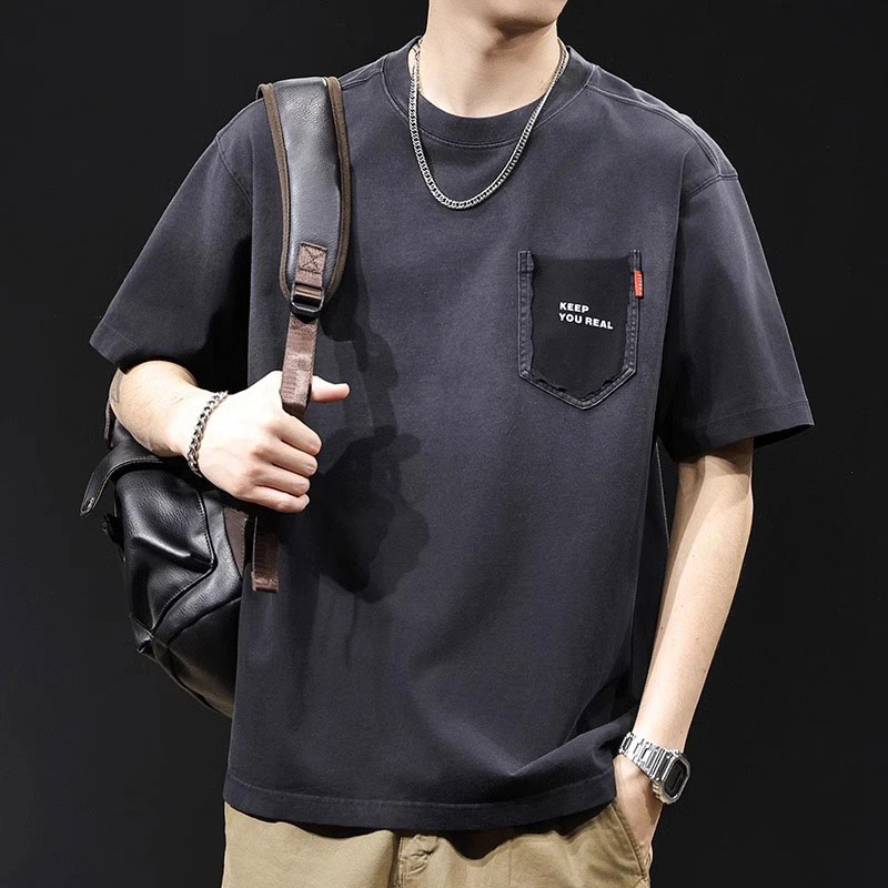 夏季潮牌短袖t恤男士2025新款大码高端衣服美式渐变重磅水洗体恤