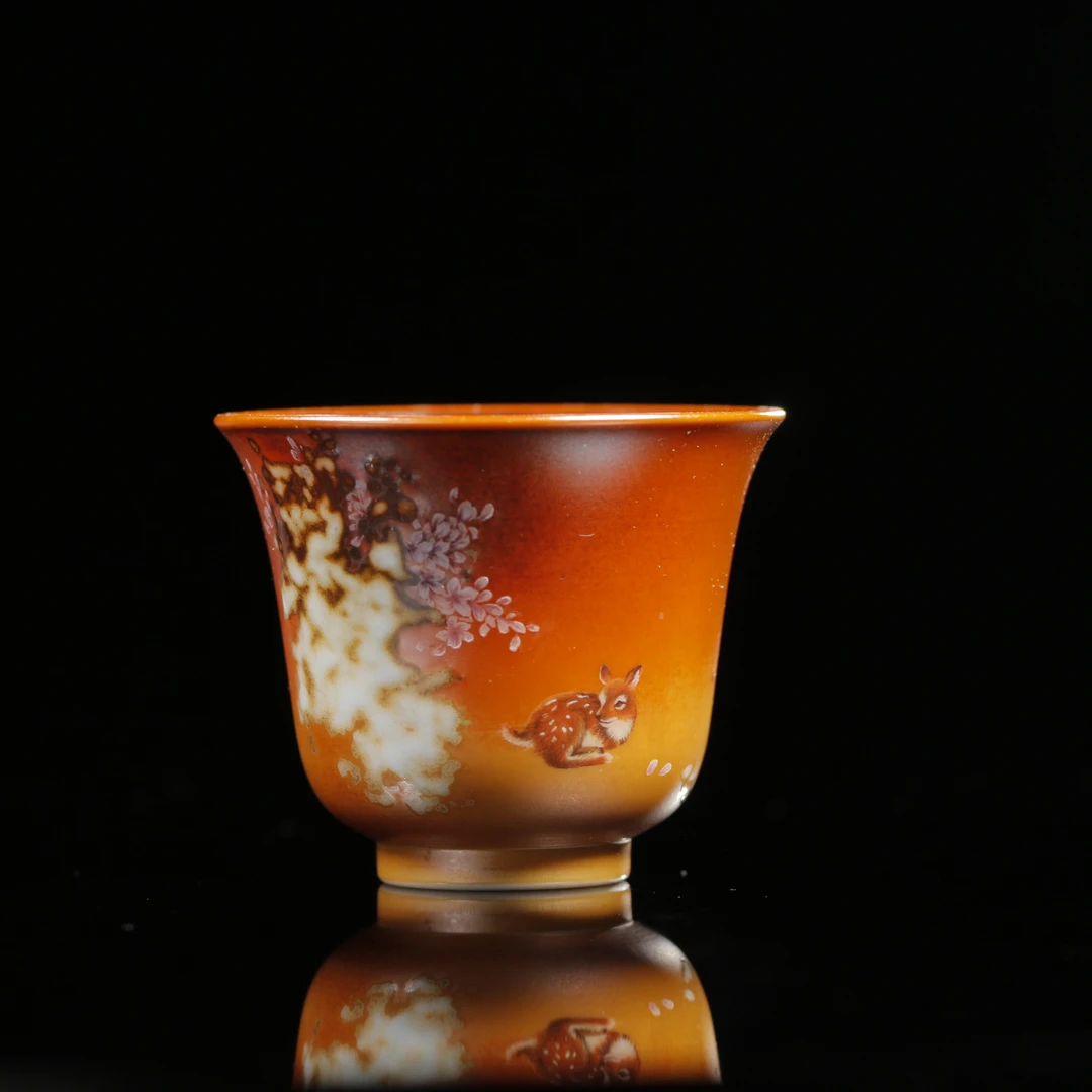 【晚晚精选】278金红绘画动物单杯 柴烧特性每只不同