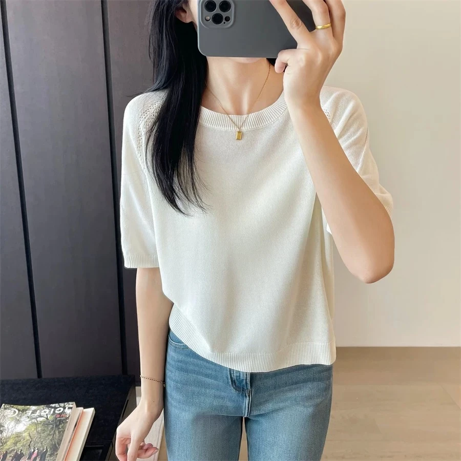FUJIA STYLE新款韩版简约纯色百搭镂空透气时尚针织T恤Z6233