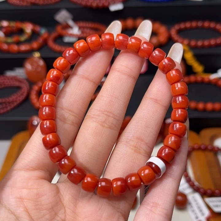 南红玛瑙未镶嵌手链满肉柿子红玫红双色精工直切7mm
