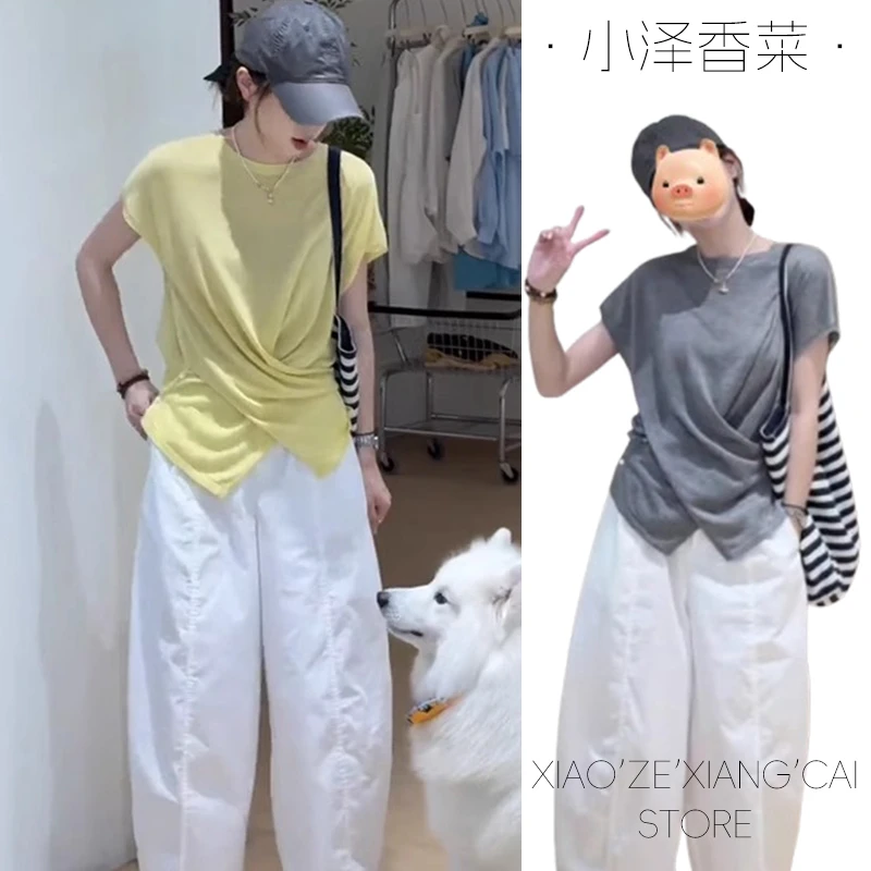 2025初夏多巴胺穿搭法式交叉黄色正肩短袖T恤女夏季修身显瘦上衣