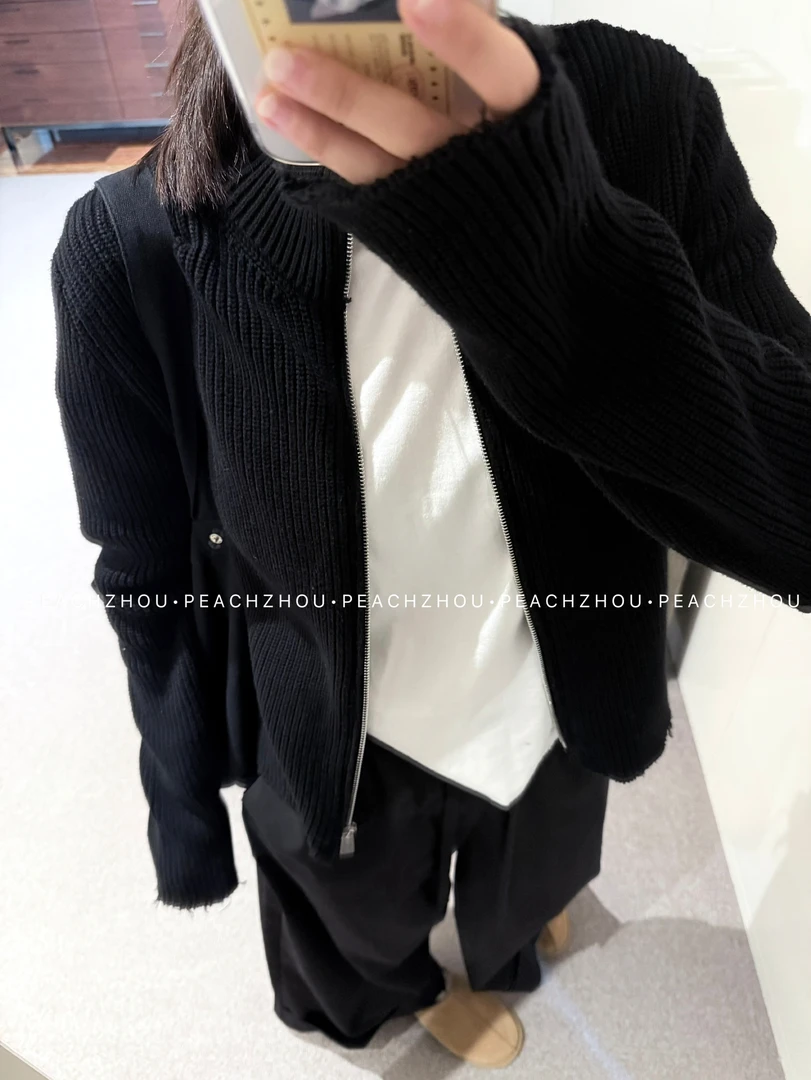 『PEACHZHOU』100棉针织毛边合身立领拉链毛衣简约休闲基础纯色开衫