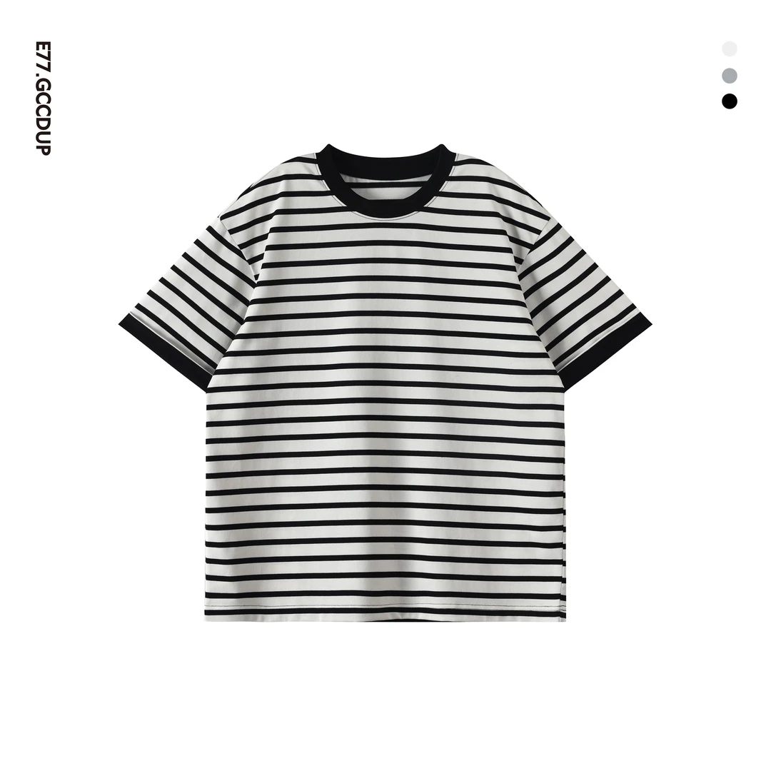 夏季新款基础条纹休闲短袖潮流高级感男装宽松百搭简约圆领T恤210