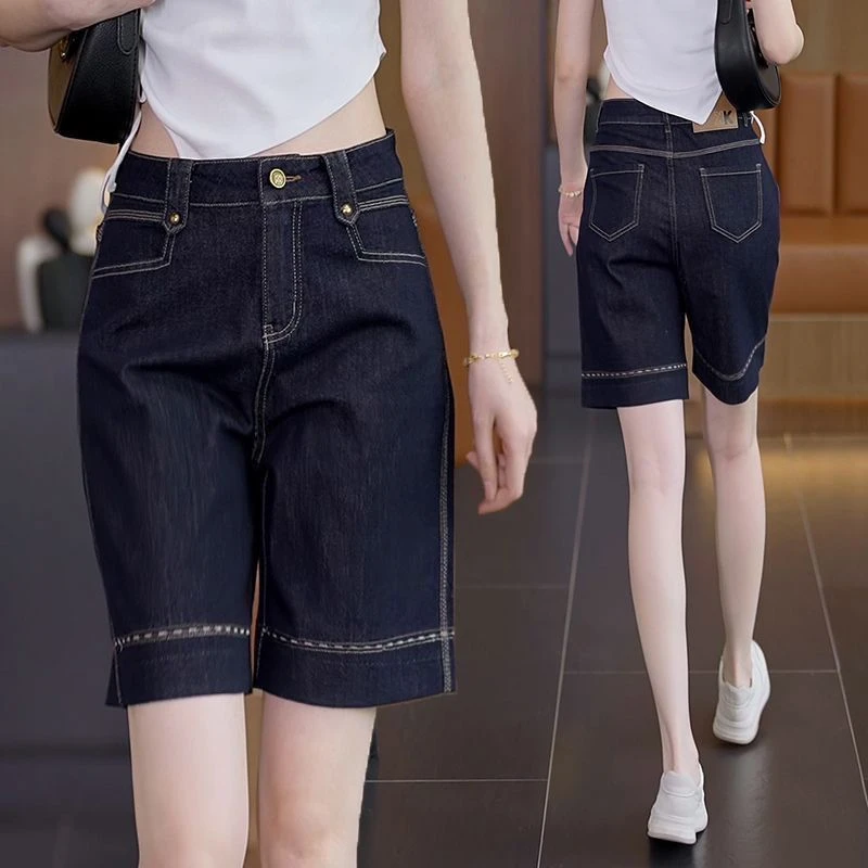 丹宁蓝五分直筒牛仔短裤女薄款2025夏季简约宽松高腰休闲阔腿中裤
