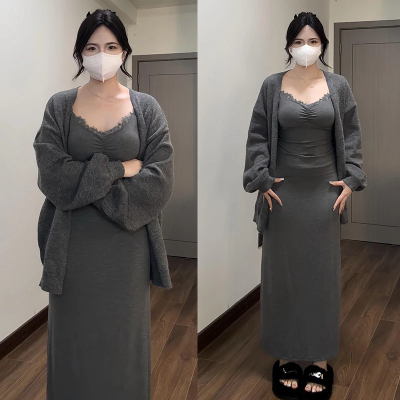 法式气质高级感灰色针织连衣裙子女装秋冬季2025新款修身套装长裙