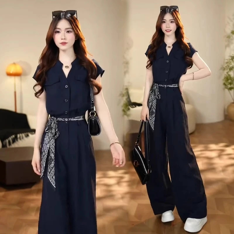 拉夏贝尔时尚套装女2025夏季新款洋气连体裤收腰显瘦气质两件套潮