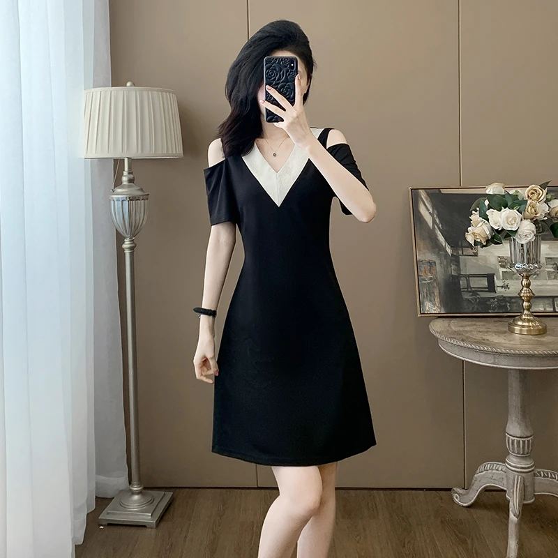 夏季法式黑色气质收腰A字裙显瘦连衣裙女小个子韩版时尚小黑裙
