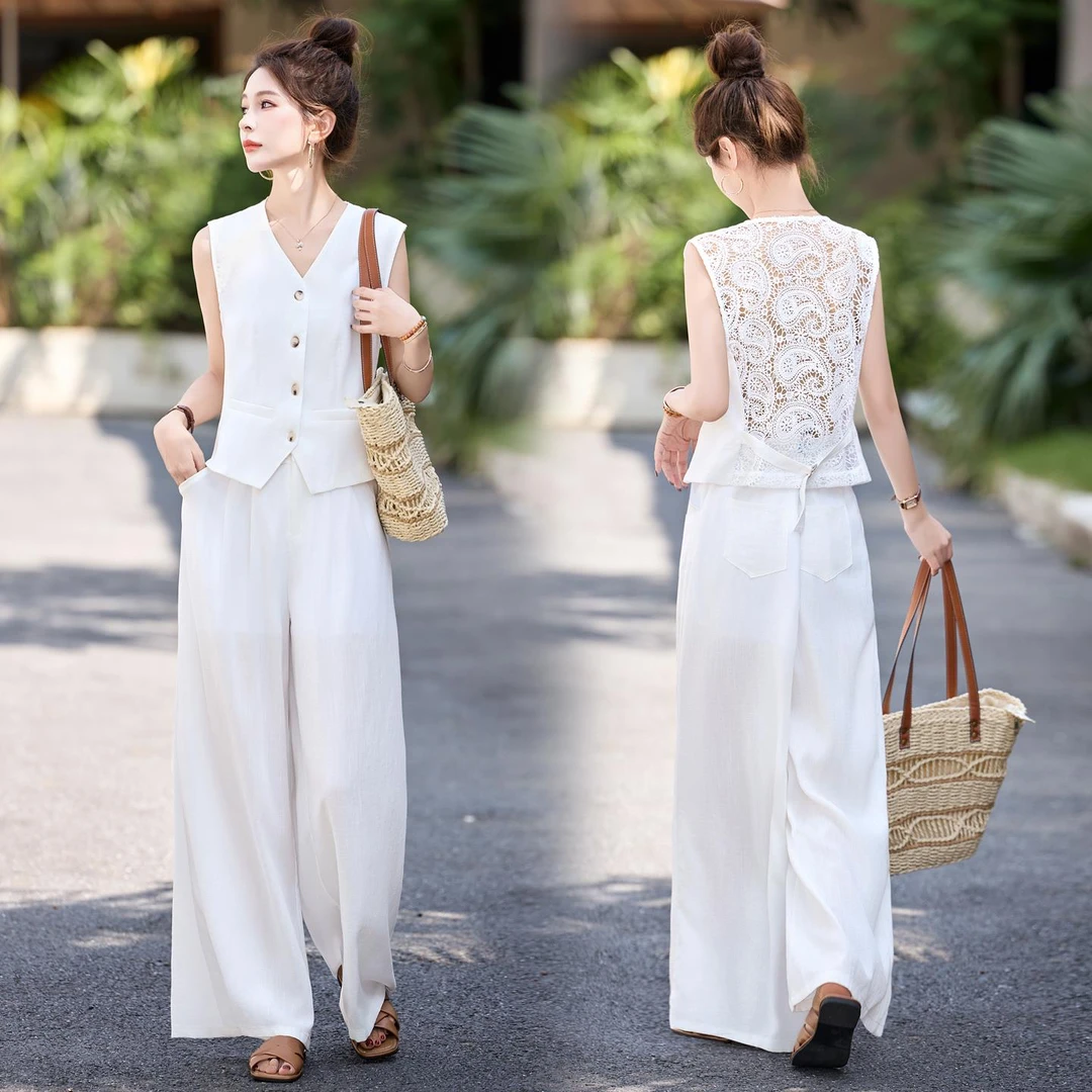 VONSRMAN气质女神范时尚套装25夏装新款洋气百搭巨好看马甲阔腿裤