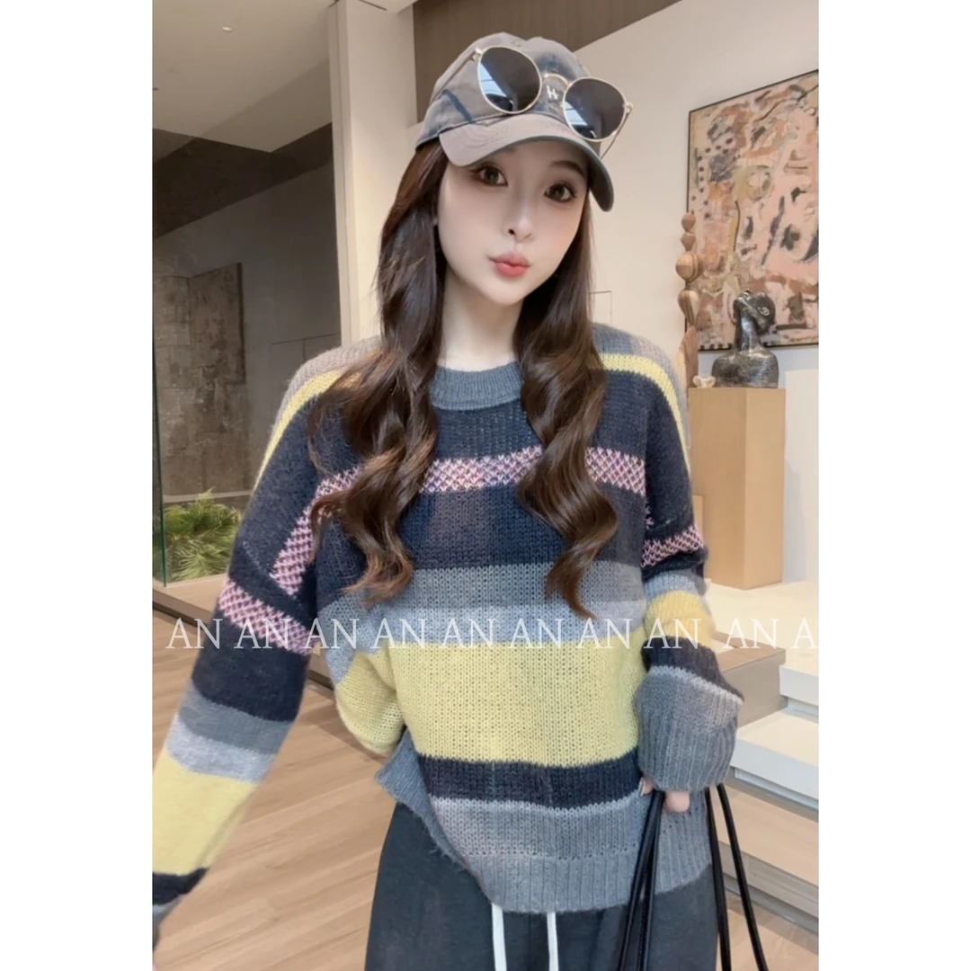 C08404温柔系气质慵懒宽松软糯彩色条纹套头针织毛衣