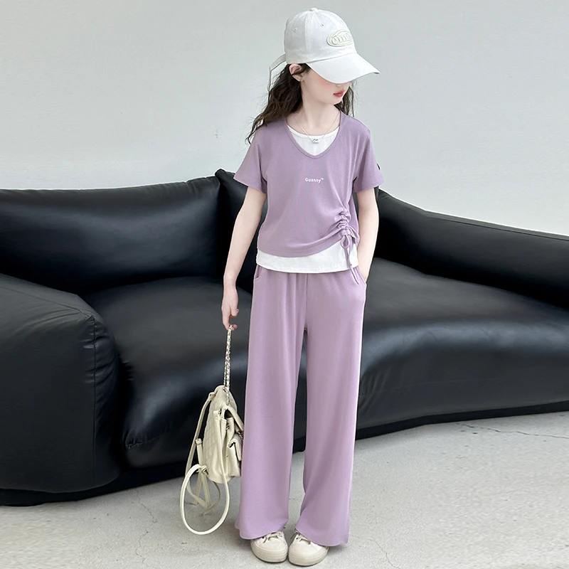 女童短袖套装夏季2025新款女孩洋气短款t恤儿童休闲裤两件套夏款