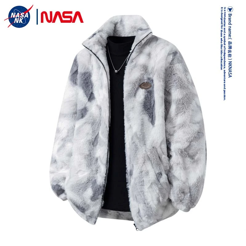 NASA联名冬季羊羔绒扎染棉衣男士加厚保暖休闲宽松情侣款棉服外套