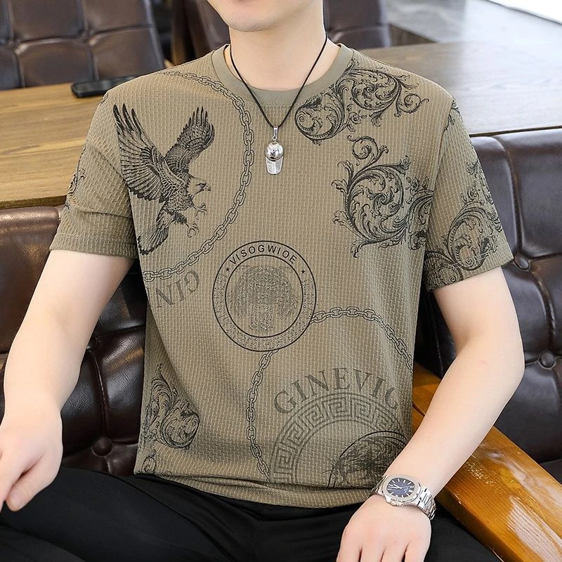 2025新款男士短袖t恤夏季高端潮流冰丝透气凉感宽松打底衫体恤男