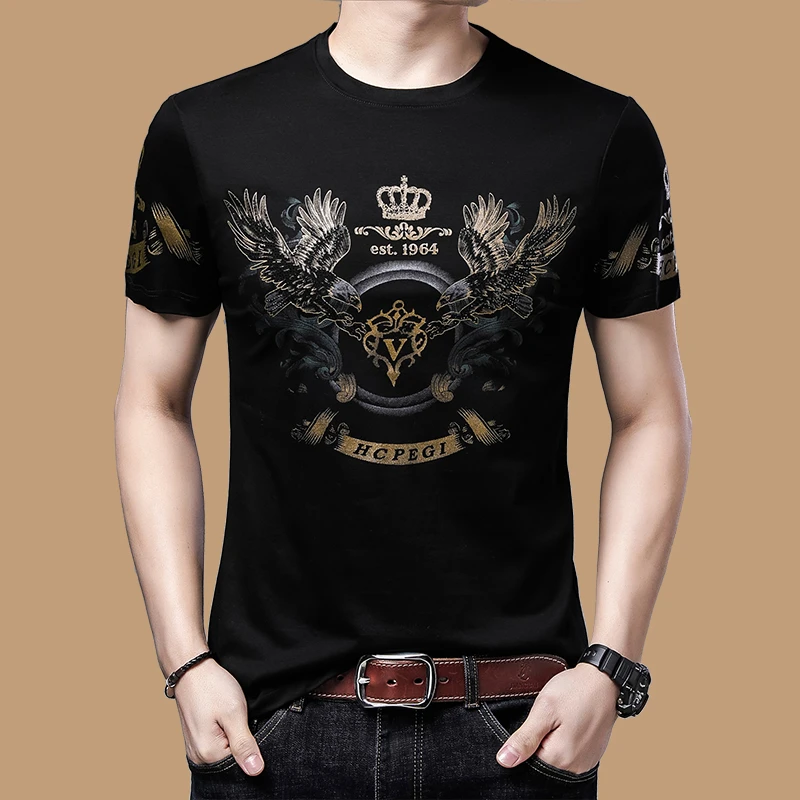 约文库费高端时尚春夏季男款短袖t恤纯棉宽松大码高端潮印花休闲t