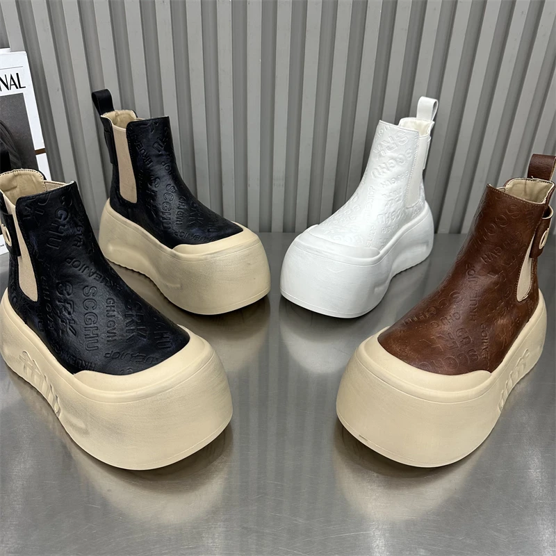 新款春秋白色休闲厚底圆头秋季网红时尚百搭复古英伦风高帮松糕底