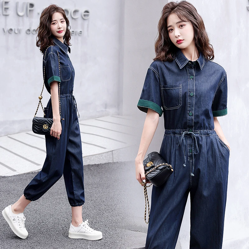 薄款天丝牛仔连体裤女2025夏装韩版休闲高级感复古拼接工装连衣裤