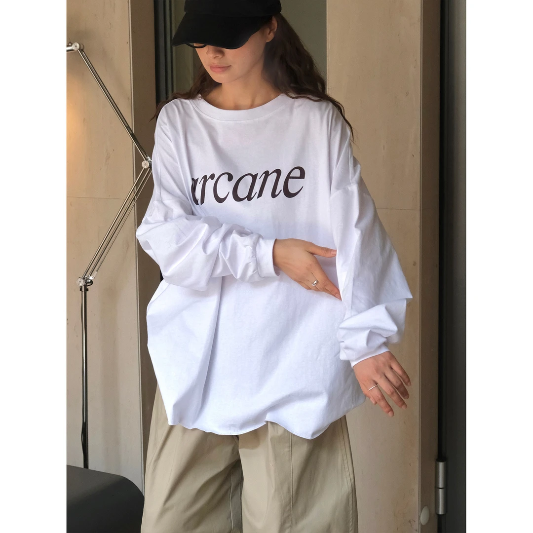 新款韩版慵懒随性白色印花T恤长袖ins软糯亲肤宽松显瘦休闲上衣女
