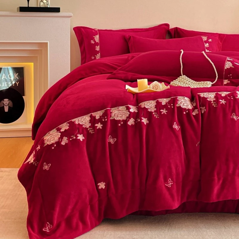 【床单/床笠/床盖】A类全消光刺绣牛奶绒四件套加厚双面绒高端床品
