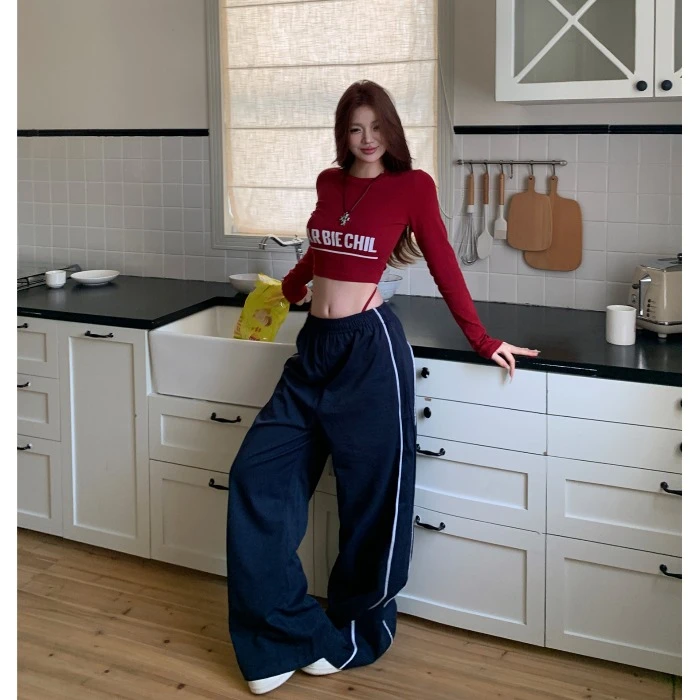 美式字母印花圆领长袖T恤女秋季宽松直筒运动裤休闲裤辣妹两件套