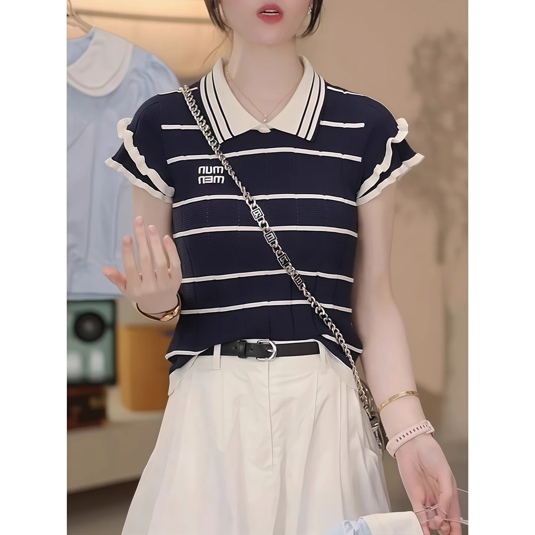 学院风提花字母减龄条纹撞色花苞短袖女polo领针织T恤夏季上衣潮