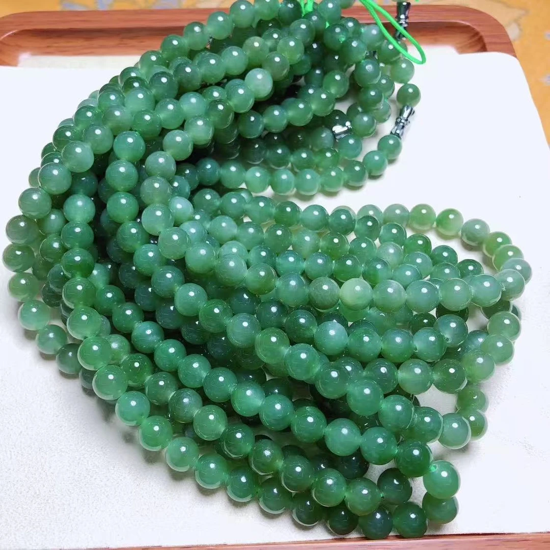 新疆天然和田玉碧玉猫眼10mm妈妈链多样性发其一