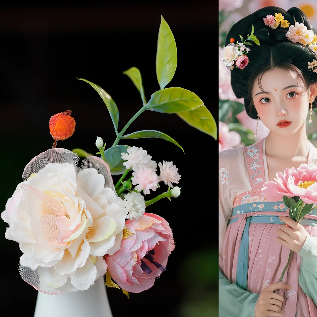 古风绢花山茶花发夹侧边夹子甜美花朵头饰百搭汉服绢纱花配饰发饰