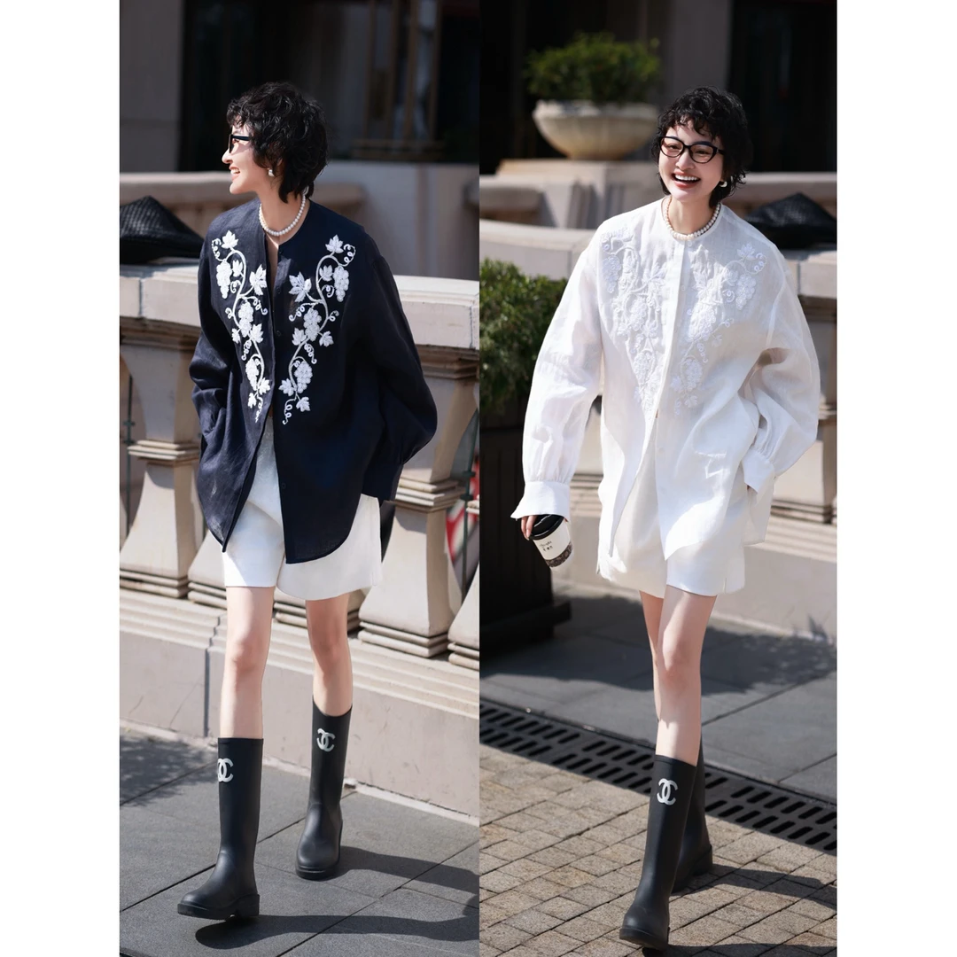 【亚麻天菜】法国进口雨露亚麻 珠翠刺绣短裤衬衫