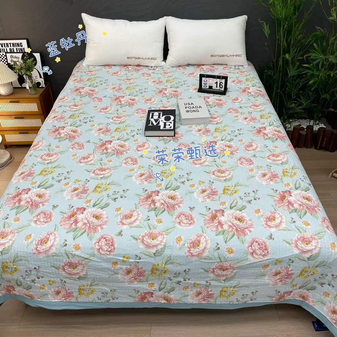 【RR荣荣】夏季新品-蓝牡丹-小香丝直角床盖200*230夹棉加厚可机洗