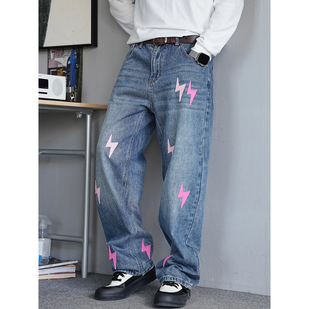 秋季美式复古痞帅重磅网红闪电牛仔裤男直筒宽松高街阔腿长裤潮牌