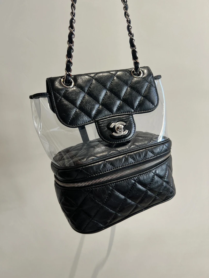 95新 Chanel/香奈儿 透明pvc 黑色油蜡皮双肩包 25开 12455986