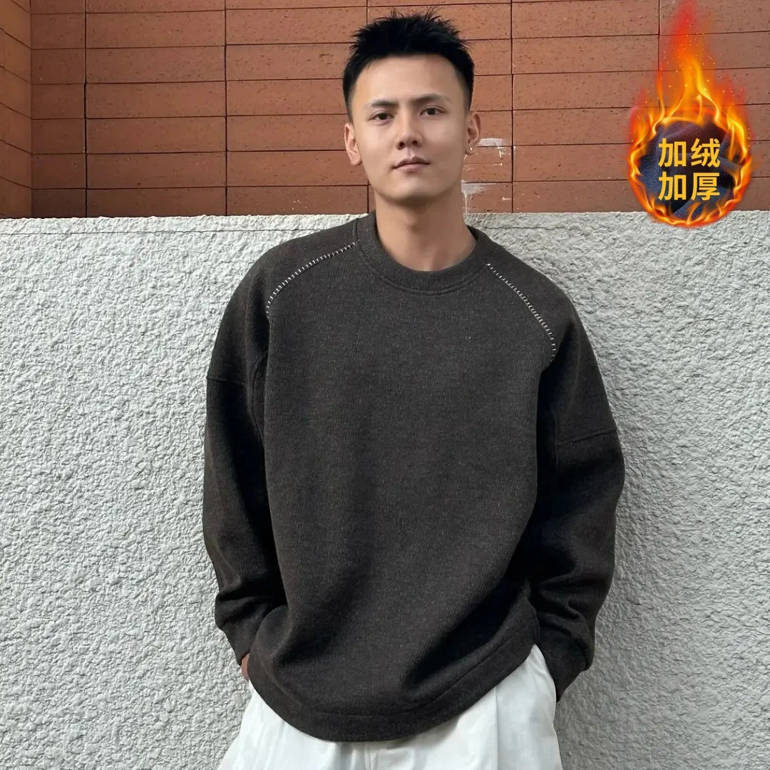 【恩杰Enger】加绒加厚设计师款圆领卫衣专机绣微落肩百搭上衣男