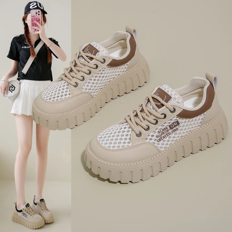 2025新款网面透气休闲鞋夏季小众百搭运动小白鞋爆款厚底板鞋