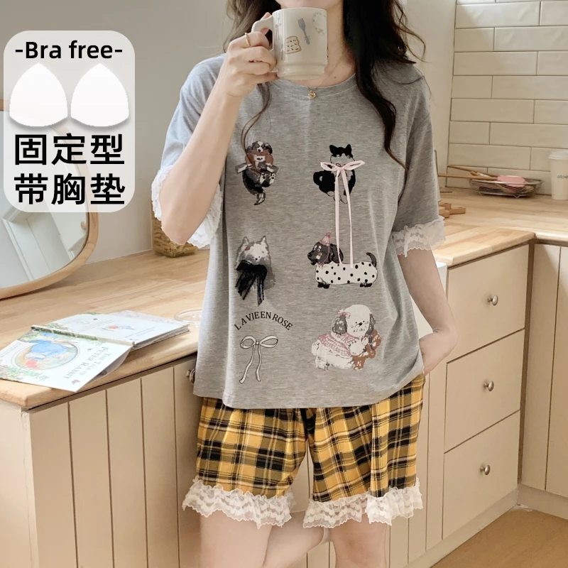 妮雅欣夏季194批新款莫代尔胸垫可外穿短袖舒适可爱睡衣女家居服
