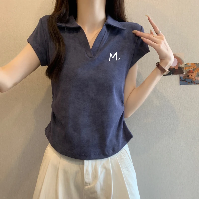 法式扎染复古短款polo领短袖t恤女夏季设计感显瘦甜辣妹翻领上衣