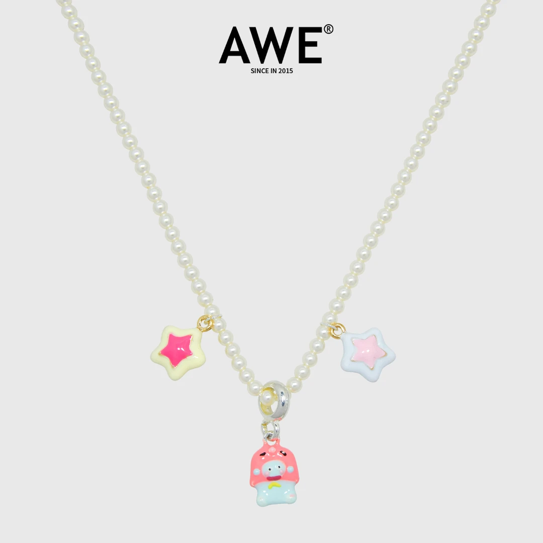 AWE 钛钢项链 肖然心同款粉帽小象星星珍串珠锁骨链女多巴胺饰品