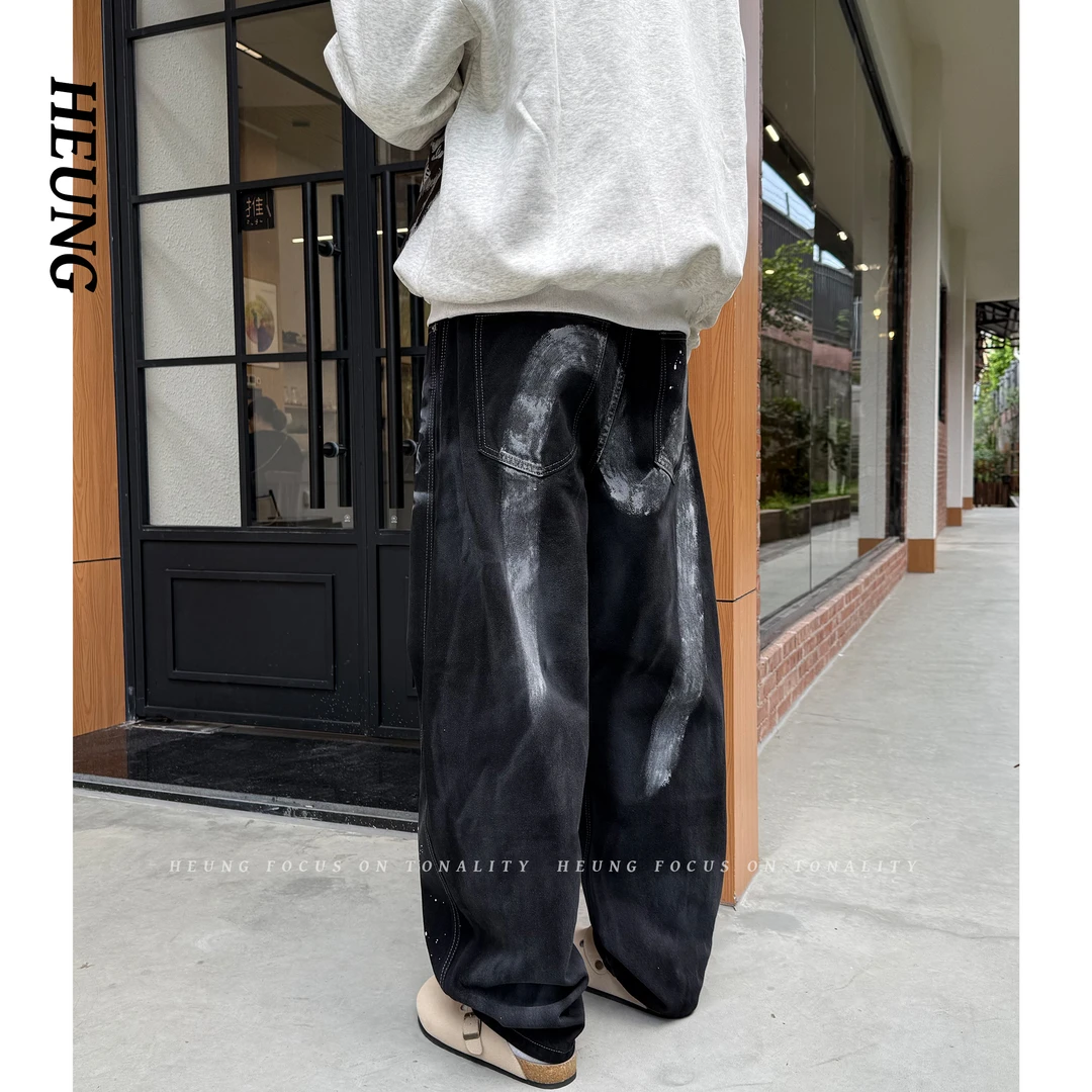 HEUNG 美式潮牌水洗渐变个性设计vibe涂鸦牛仔宽松休闲痞帅弯刀裤